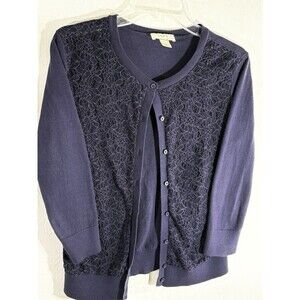 Loft Women’s Small Button Up Floral Lace Front Black 3/4 Sleeve Cardigan